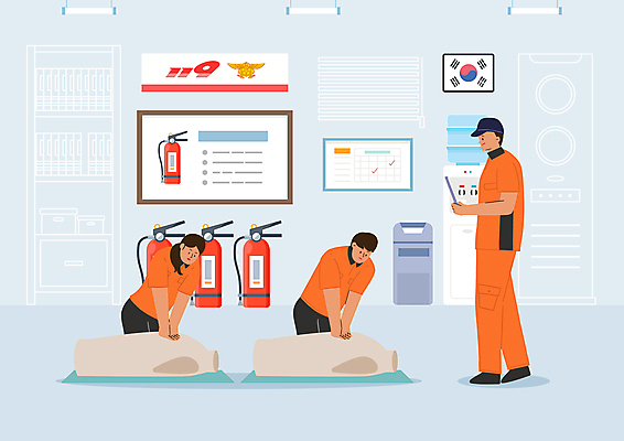 전신 PSD 여자 교육 남자 하늘색 일러스트 서기 들기 상반신 성인 세명 태극기 무릎꿇기 마네킹 소방관 연습 소화기 심폐소생법 심폐소생술 정수기 성인만 교육생 국내일러스트 모션 사람 파란색 국기 안전장비 구조원 소방 방법 파일형식