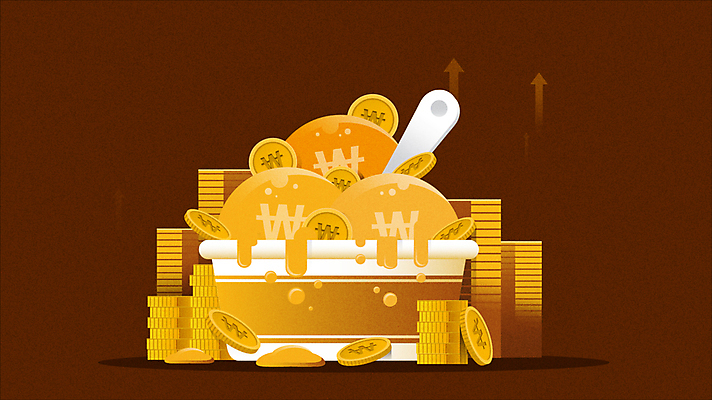 화살표 비즈니스 모션 사람없음 경제 갈색 숟가락 동전 떨어짐 금화 영상 가치 동영상 동전탑 컵아이스크림 인플레이션 모션그래픽 MP4 MOV 녹이기 컬러 컨셉 돈 아이스크림 수저 쌓기 황금 파일형식