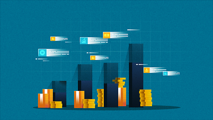 화살표 지폐 비즈니스 모션 그래프 들기 사람없음 경제 파란색 동전 막대그래프 금화 영상 동영상 동전탑 폭등 인플레이션 모션그래픽 MP4 MOV 컬러 돈 쌓기 황금 상승 파일형식