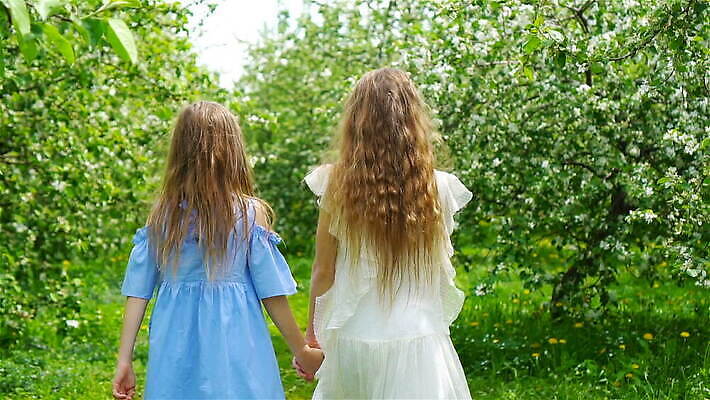 나무 백인 라이프스타일 드레스 여자 꽃 어린이 자연 사람 야외 두명 뒷모습 봄 나뭇가지 사과나무 MOV 해외동영상 클립영상 서양인 식물 옷 계절 뷰포인트 생활 사과 생태계 동영상 파일형식