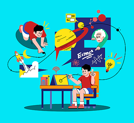 전신 노년 남자 어린이 하늘색 의자 일러스트 전구 들기 앉기 소년 상반신 세명 태블릿 행성 로켓 가리킴 책상 토성 아인슈타인 남자만 언스쿨링 국내일러스트 AI파일 교육 가구 모션 사람 손짓 성인 파란색 전자제품 스마트기기 우주 파일형식 벡터