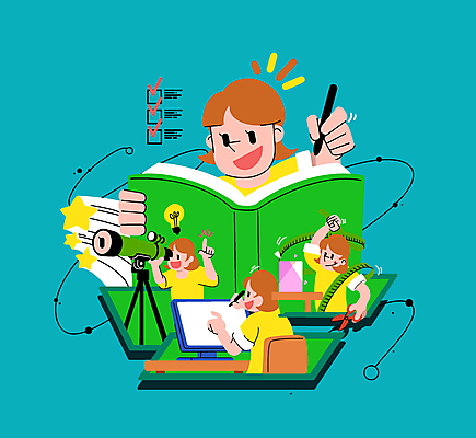 여학생 여자 별 어린이 일러스트 전구 들기 소녀 여러명 상반신 책 초록색 컴퓨터 모니터 공책 체험 그리기 천체망원경 발견 체크리스트 소녀만 언스쿨링 국내일러스트 AI파일 자연요소 학생 교육 컬러 다수 컨셉 모션 문구용품 사람 전자제품 망원경 여자만 어린이만 파일형식 벡터