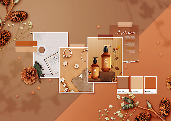 PSD 편집이미지 종이 커피 컬러 그림자 사람없음 책 갈색 화장품 가을 분위기 솔방울 감성 드라이플라워 무드보드 이미지편집 디자인 계절 꽃 음료 컨셉 뷰티 파일형식