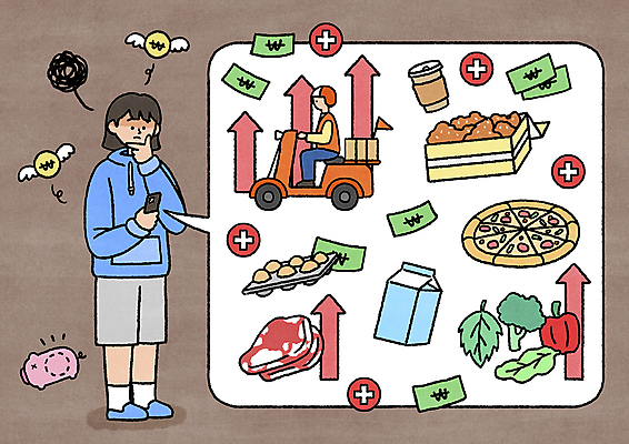 PSD 여자 남자 화살표 커피 지폐 채소 일러스트 피자 육류 서기 성인 두명 경제 계란 치킨 우유 오토바이 시세 배달원 승차 사회이슈 고민 상승 곤란 망설임 배달음식 부담 어려움 성인만 인플레이션 국내일러스트 직업 감정 음료 음식 컨셉 돈 식재료 모션 유제품 패스트푸드 서양음식 사람 금융 알 바이크 배달 닭고기요리 파일형식