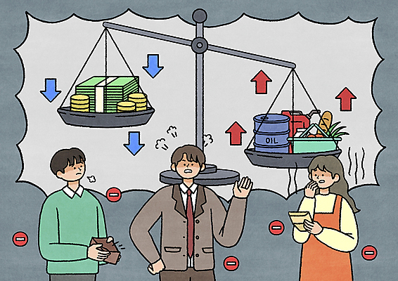 PSD 여자 남자 화살표 허리손 지폐 일러스트 들기 상반신 성인 세명 경제 동전 분노 시세 한숨 돈다발 하락 사회이슈 장바구니 고민 걱정 상승 양팔저울 드럼통 기름통 석유통 성인만 인플레이션 국내일러스트 감정 포즈 컨셉 돈 모션 통 저울 사람 금융 쇼핑 바구니 파일형식