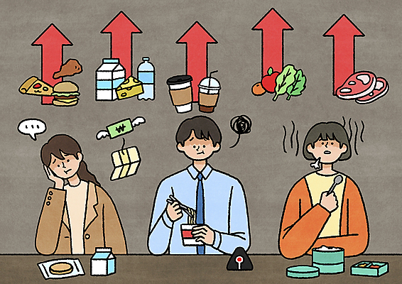 PSD 여자 남자 화살표 빵 일러스트 들기 상반신 성인 세명 경제 턱괴기 우유 시세 비즈니스맨 비즈니스우먼 한숨 먹기 사회이슈 고민 상승 도시락 점심식사 곤란 삼각김밥 어려움 컵라면 힘듦 성인만 인플레이션 국내일러스트 감정 음식 컨셉 비즈니스 모션 유제품 사람 금융 식사 라면 직장인 김밥 파일형식