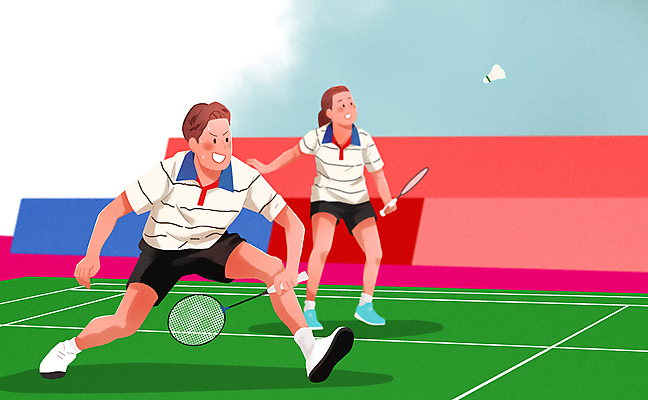 전신 PSD 여자 남자 일러스트 협력 서기 들기 경기 성인 두명 배드민턴라켓 셔틀콕 배드민턴 리시브 배드민턴선수 배드민턴장 성인만 땀흘리기 국내일러스트 스포츠용품 스포츠 컨셉 모션 운동선수 사람 구기 라켓 파일형식