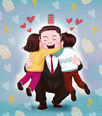 전신 PSD 여자 남자 딸 행복 아들 어린이 일러스트 안기 포옹 따뜻함 사랑 미소 소녀 소년 세명 파란색 점프 에너지 하트 마음 아빠 약병 건전지 퇴근 힐링 비타민 웅크림 충전 반가움 번개모양 국내일러스트 모양 감정 컬러 가족 모션 표정 사람 약 번개 출퇴근 영양소 병_담는 파일형식