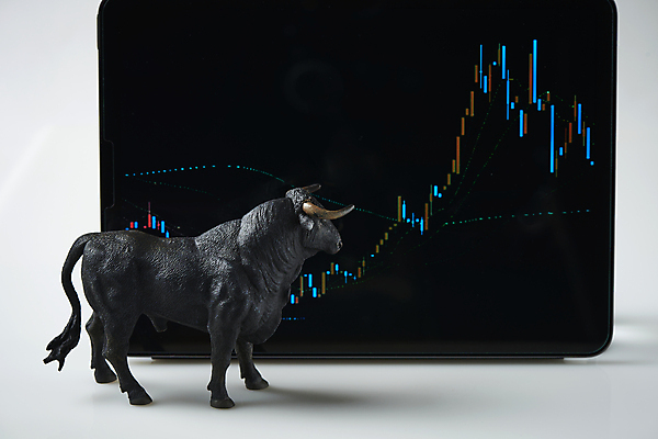 포토 JPG 스튜디오촬영 응시 비즈니스 그래프 실내 사람없음 금융 경제 태블릿 주식 재테크 흰배경 황소 상승 동물모형 주식시장 주식표 국내포토 시선 백그라운드 컨셉 내부 전자제품 스마트기기 모형 흰색 소 파일형식