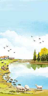 PSD 나무 구름 하늘색 백그라운드 여러마리 일러스트 조류 단풍나무 수채화 주택 사람없음 울타리 가을풍경 양 강가 국내일러스트 자연요소 식물 동물 다수 단풍 포유류 풍경 건물 파란색 담장 강 파일형식 가을_계절