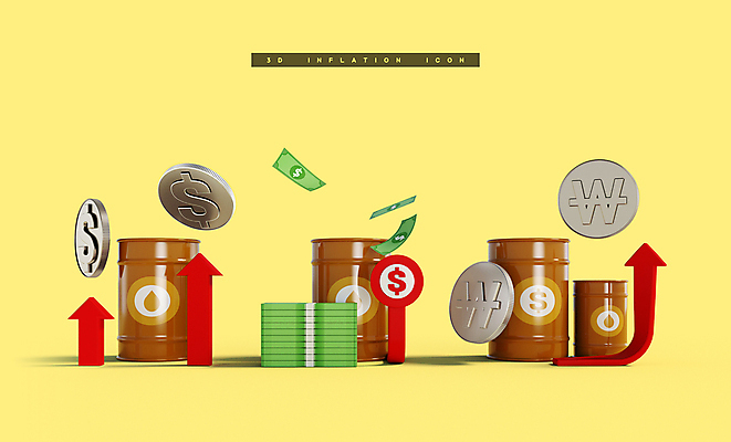 PSD 편집 편집이미지 화살표 지폐 사람없음 노란색 3D 달러 동전 원화 돈다발 디지털합성 상승 드럼통 기름값 기름통 돈더미 편집소스 인플레이션 편집3D 컬러 컨셉 돈 통 경제 가격 파일형식 더미