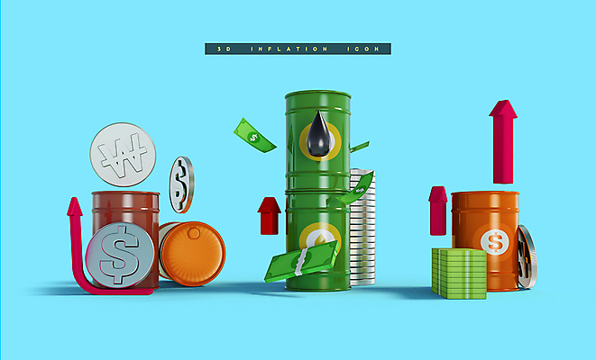 PSD 편집 편집이미지 화살표 하늘색 지폐 사람없음 3D 쌓기 달러 동전 원화 디지털합성 상승 드럼통 기름값 기름통 동전탑 편집소스 인플레이션 편집3D 컨셉 돈 모션 통 경제 파란색 가격 파일형식