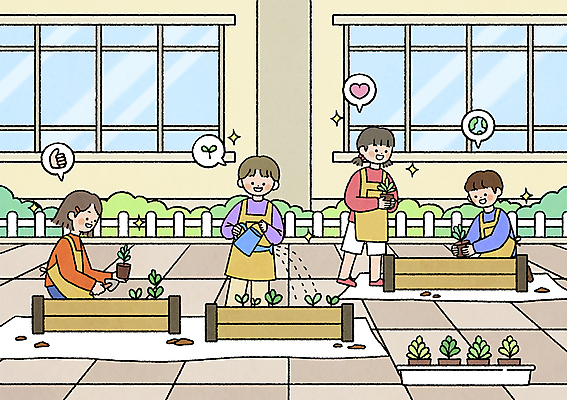 전신 PSD 여자 교육 남자 화분 지구 어린이 말풍선 일러스트 학교 서기 들기 앉기 소녀 소년 여러명 자연보호 앞치마 물뿌리개 하트 화단 물뿌리기 식물심기 텃밭 어린이만 탄소제로 국내일러스트 모양 다수 밭 모션 자연 사람 보호 심기 파일형식