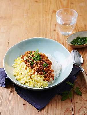 포토 JPG 실내 돼지고기 사람없음 숟가락 덮밥 쪽파 고기덮밥 스크램블 나무배경 국내포토 음식 백그라운드 수저 육류 내부 계란요리 파 파일형식