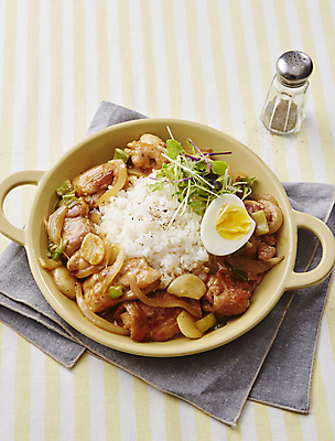 포토 JPG 실내 사람없음 닭고기 식탁보 덮밥 삶은계란 후추통 닭고기요리 세로줄무늬 닭고기덮밥 국내포토 음식 육류 내부 계란 줄무늬 계란요리 양념통 파일형식