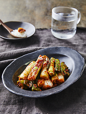 포토 JPG 한식 회색배경 반찬 김치 사람없음 아웃포커스 파김치 대파 겉절이 고춧가루 국내포토 음식 백그라운드 촬영기법 회색 가루 파 파일형식