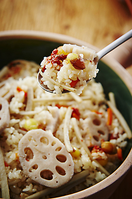 포토 JPG 들기 근접촬영 사람없음 숟가락 당근 연근 돌솥밥 영양밥 우엉 은행열매 나무배경 국내포토 열매 뷰포인트 백그라운드 채소 모션 밥 뿌리채소 수저 파일형식