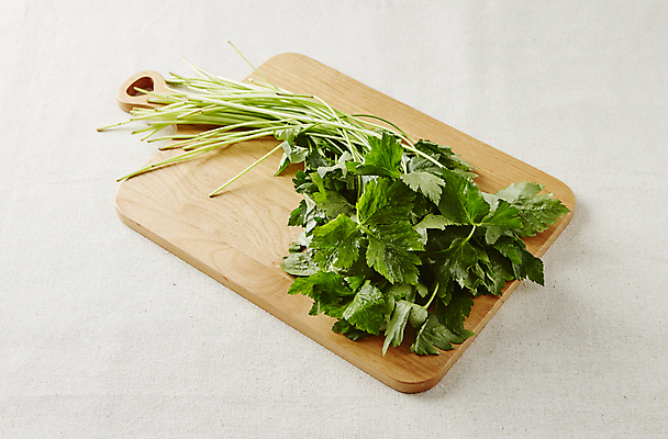 포토 JPG 채소 식재료 회색배경 실내 사람없음 나물 나무도마 참나물 국내포토 백그라운드 도마 내부 목재 회색 파일형식