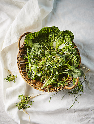 포토 JPG 식재료 실내 사람없음 하이앵글 바구니 천 흰배경 미나리 냉이 달래 봄나물 봄동 국내포토 뷰포인트 백그라운드 채소 내부 흰색 직물 나물 파일형식