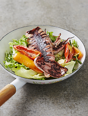 포토 JPG 회색배경 파프리카 사람없음 샐러드 프라이팬 양상추 오징어 치커리 오징어구이 국내포토 음식 백그라운드 채소 주방용품 연체동물 수중동물 회색 구이 파일형식