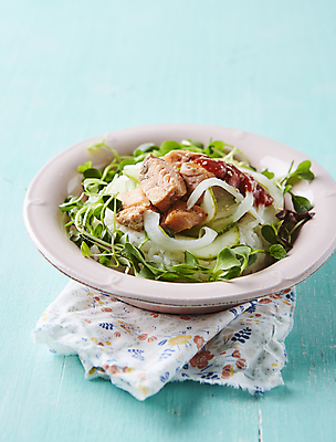 포토 JPG 밥 양파 오이 사람없음 파란배경 비빔밥 연어 어린잎 연어구이 연어덮밥 국내포토 한식 음식 백그라운드 잎 채소 어류 파란색 생선구이 파일형식