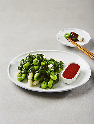 포토 JPG 젓가락 회색배경 사람없음 쪽파 숙회 초고추장 쪽파숙회 국내포토 백그라운드 수저 회색 양념 파 파일형식