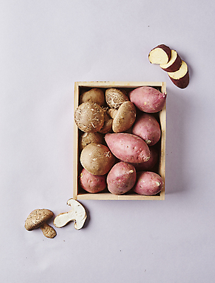 포토 JPG 식재료 회색배경 실내 사람없음 하이앵글 버섯 나무상자 담기 고구마 표고버섯 구황작물 국내포토 뷰포인트 백그라운드 모션 뿌리채소 내부 농작물 상자 회색 파일형식