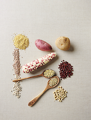 포토 JPG 식재료 회색배경 감자 실내 옥수수 사람없음 하이앵글 메밀 고구마 팥 녹두 메주콩 수수 율무 조 국내포토 뷰포인트 백그라운드 채소 곡류 뿌리채소 내부 회색 파일형식