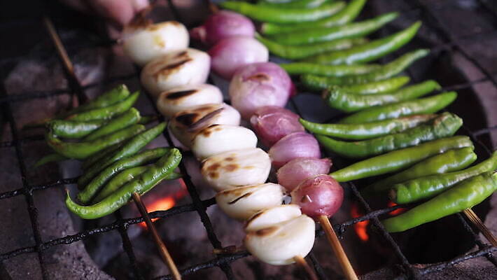 음식 컬러 채소 불 건강 마늘 요리 사람없음 야외 소풍 파티 식사 캠핑 신선 뜨거움 막대기 꼬치 그릴 바비큐 굽기 매움 레시피 숯 점심식사 재 채식주의자 비건 4K MOV 해외동영상 클립영상 자연요소 주방용품 레저 이벤트 야외활동 맛 구이 채식 동영상 파일형식