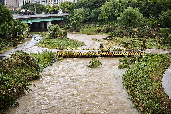 포토 JPG 주간 사람없음 야외 강 산책로 비 홍수 자연재해 폭우 공원길 성남 흙탕물 가교 국내포토 자연요소 건축물 길 날씨 물 재해 경기도 파일형식