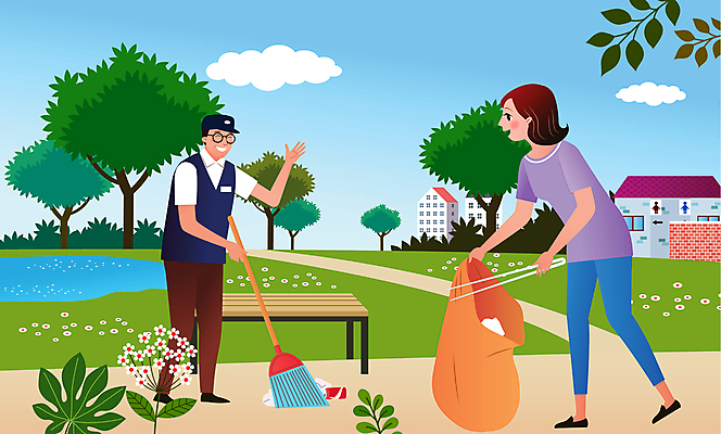 전신 나무 구름 공원 여자 남자 꽃 일러스트 함께함 집게 서기 들기 성인 두명 건물 빗자루 청소 쓰레기봉투 관리인 쓰레기줍기 쓸기 주민 성인만 국내일러스트 AI파일 자연요소 식물 건축물 공공시설 컨셉 모션 봉투 사람 청소도구 파일형식 벡터 줍기