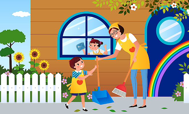 전신 나무 여자 남자 어린이 일러스트 창문 나뭇잎 해바라기 함께함 서기 들기 소녀 소년 상반신 성인 세명 울타리 유치원 유치원생 빗자루 청소 주기 유치원선생님 쓰레받기 창문닦기 국내일러스트 AI파일 식물 교육 꽃 컨셉 잎 모션 사람 담장 교사 청소도구 닦기 파일형식 벡터