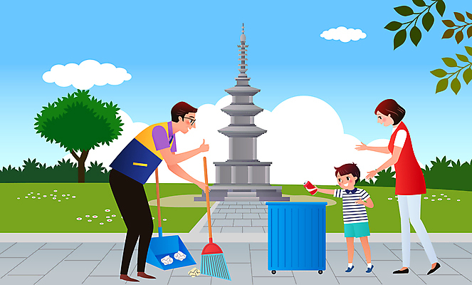 전신 나무 여자 남자 어린이 일러스트 나뭇잎 서기 들기 소년 성인 세명 여행객 문화재 쓰레기통 자원봉사자 석탑 쓰레기 빗자루 청소 버리기 따봉 쓰레받기 관리인 국내일러스트 AI파일 모자관계 식물 아들 잎 가족 모션 엄마 사람 탑 최고 청소도구 파일형식 벡터