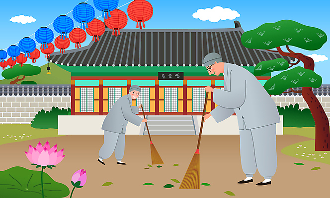 전신 구름 여자 남자 불교 일러스트 함께함 연꽃 서기 들기 성인 두명 소나무 사찰 승려 빗자루 청소 연등 승복 쓸기 성인만 국내일러스트 AI파일 자연요소 나무 꽃 종교 컨셉 종교건축 모션 사람 등불 성직자 청소도구 불교용품 파일형식 벡터