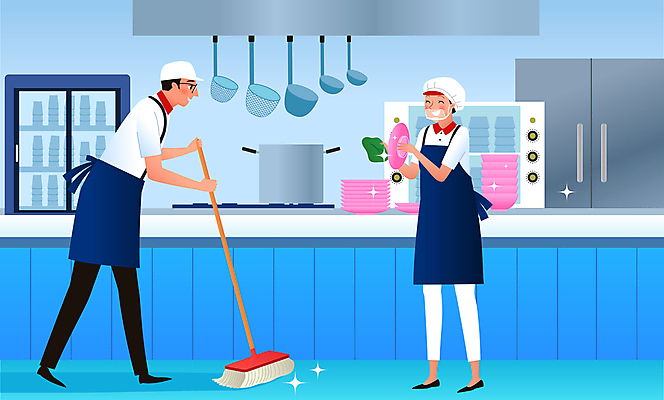 전신 접시 여자 남자 일러스트 주방용품 함께함 서기 웃음 들기 성인 두명 주방 깨끗함 요리사 앞치마 청소 대걸레 성인만 국내일러스트 AI파일 직업 식기 생활용품 컨셉 모션 표정 사람 청소도구 파일형식 벡터