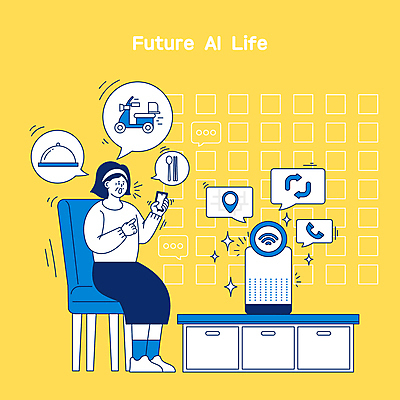 전신 여자 말풍선 의자 일러스트 미래 스마트라이프 한명 들기 앉기 성인 파란색 노란색 스피커 다양 오토바이 스마트 서비스 서랍장 통화 편리함 성인여자한명만 음식배달 AI_인공지능 국내일러스트 AI파일 1 라이프스타일 컬러 음향기기 가구 다수 컨셉 모션 사람 바이크 배송 여자한명만 성인여자만 파일형식 벡터