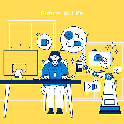 전신 여자 커피 말풍선 의자 일러스트 미래 스마트라이프 한명 앉기 성인 파란색 컴퓨터 노란색 모니터 타이핑 업무 비즈니스우먼 스마트 로봇 책상 주기 편리함 로봇팔 성인여자한명만 AI_인공지능 국내일러스트 AI파일 1 라이프스타일 음료 컬러 가구 컨셉 비즈니스 모션 사람 전자제품 작업 직장인 여자한명만 성인여자만 파일형식 벡터