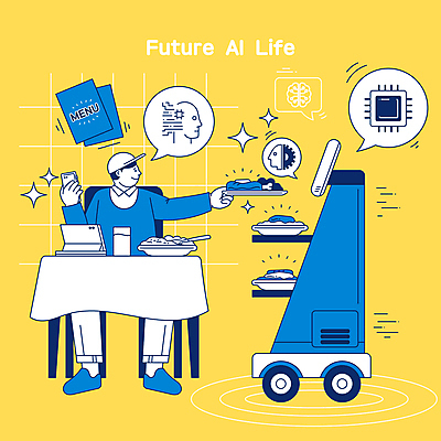전신 남자 음식 말풍선 일러스트 식탁 미래 스마트라이프 한명 들기 앉기 성인 파란색 스마트폰 태블릿 노란색 식당 식사 운반 스마트 로봇 메뉴판 서빙 편리함 서빙카트 성인남자한명만 자율주행 AI_인공지능 국내일러스트 AI파일 1 라이프스타일 컬러 컨셉 모션 탁자 사람 전자제품 핸드폰 스마트기기 상점 카트 운전 남자한명만 성인남자만 파일형식 벡터 4차산업