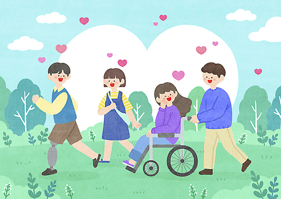 전신 PSD 나무 구름 여자 남자 행복 일러스트 하늘 함께함 초원 여러명 성인 달리기 걷기 하트 밀기 장애인 즐거움 휠체어 비장애인 의족 성인만 국내일러스트 자연요소 모양 식물 감정 다수 컨셉 모션 사람 장애 파일형식