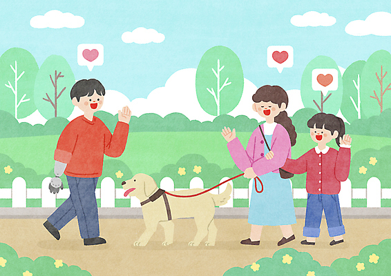 전신 PSD 나무 구름 한마리 공원 여자 남자 어린이 일러스트 하늘 소녀 성인 세명 걷기 팔짱 산책 하트 잡기 강아지 장애인 손인사 공원길 비장애인 시각장애인 안내견 의수 국내일러스트 자연요소 모양 식물 1 공공시설 길 모션 휴식 사람 반려동물 인사 개 장애 파일형식