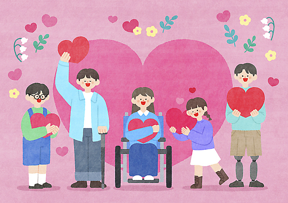 전신 PSD 여자 남자 꽃 어린이 분홍색 일러스트 함께함 사랑 서기 웃음 들기 소녀 소년 여러명 성인 하트 장애인 휠체어 비장애인 시각장애인 의족 국내일러스트 모양 식물 감정 컬러 다수 컨셉 모션 표정 사람 장애 파일형식