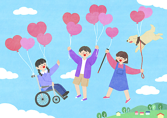 전신 PSD 구름 한마리 여자 남자 일러스트 하늘 들기 성인 세명 비행 강아지 장애인 휠체어 하트풍선 비장애인 시각장애인 안내견 풍선잡기 성인만 국내일러스트 자연요소 1 모션 사람 반려동물 하트 잡기 개 풍선 장애 파일형식