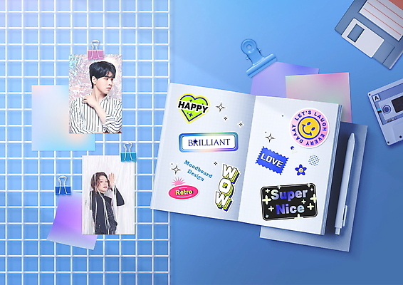 PSD 편집이미지 여자 남자 스티커 손짓 상반신 20대 성인 두명 파란색 볼펜 다이어리 한국인 카세트테이프 플로피디스크 포스트잇 메모집게 서류집게 성인만 키치 무드보드 이미지편집 디자인 컬러 컨셉 모션 집게 사람 동양인 청년 펜 사무용품 메모지 파일형식