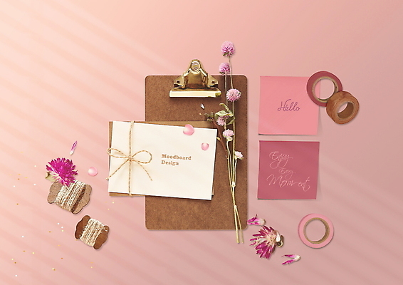 PSD 편집이미지 꽃잎 꽃 리본 분홍색 그림자 사람없음 분위기 편지 포스트잇 감성 실타래 드라이플라워 서류판 홀더 마스킹테이프 무드보드 이미지편집 식물 디자인 컬러 컨셉 사무용품 메모지 테이프 파일형식