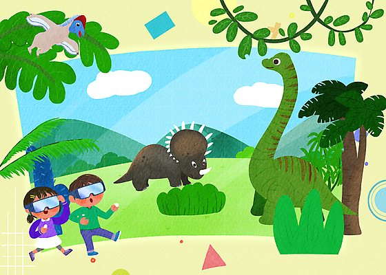 전신 PSD 나무 구름 여자 남자 어린이 일러스트 산 소녀 소년 두명 걷기 놀람 체험 풀 덩굴 공룡 신기함 가상공간 브라키오사우루스 시조새 트리케라톱스 증강현실 가상현실 어린이만 VR기기 국내일러스트 자연요소 식물 감정 컨셉 파충류 모션 표정 사람 기계 초식공룡 파일형식