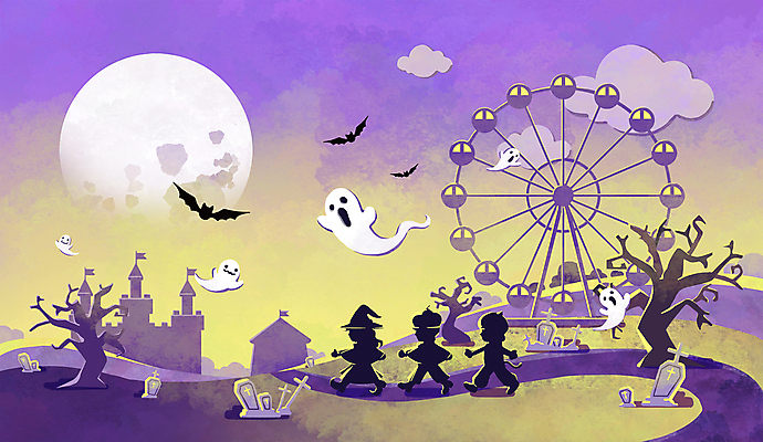 전신 PSD 나무 구름 여자 남자 실루엣 어린이 일러스트 하늘 소녀 소년 세명 걷기 보라색 테마파크 놀이공원 할로윈 보름달 무덤 성 유령 비석 공포 대관람차 박쥐 호러 어린이만 국내일러스트 자연요소 식물 건축물 컬러 포유류 모션 놀이 촬영기법 사람 공간 달 놀이기구 파일형식