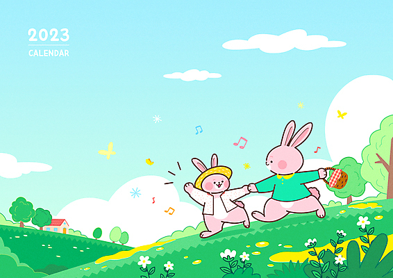 나무 구름 꽃 두마리 일러스트 함께함 초원 사람없음 걷기 귀여움 손잡기 봄 토끼띠 토끼 즐거움 토끼캐릭터 봄소풍 소풍바구니 2023년 계묘년 국내일러스트 AI파일 자연요소 식물 계절 감정 동물캐릭터 컨셉 2 포유류 모션 반려동물 소풍 바구니 십이지신 연도 파일형식 벡터