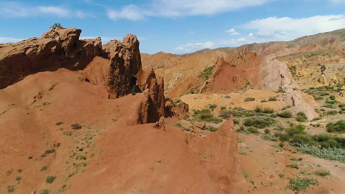모래 여행 오렌지 자연 하늘 동화 산 건조 안테나 한명 빨간색 파란색 모래사장 컬러풀 골짜기 맑음 사진촬영 사막 모래언덕 사진사 언덕 산등성이 점토 암초 사암 궤도 드론 랜드마크 하이커 키르기스스탄 4K MOV 해외동영상 클립영상 1 바다 컬러 과일 통신 날씨 사람 촬영 돌_바위 작가 생태계 동영상 중앙아시아 파일형식