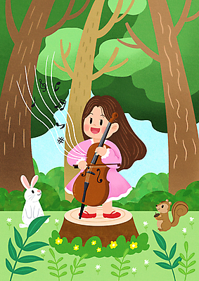 전신 PSD 나무 여자 어린이 악기 연주 일러스트 한명 서기 소녀 초록색 공연 토끼 숲 다람쥐 첼로 나무밑둥 소녀한명만 국내일러스트 식물 1 음악 컬러 포유류 모션 사람 이벤트 반려동물 설치류 여자한명만 소녀만 파일형식 찰현악기