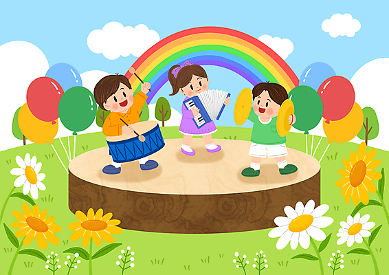 전신 PSD 구름 여자 남자 꽃 어린이 악기 무지개 연주 일러스트 들기 소녀 소년 세명 공연 무대 북 풍선 아코디언 심벌즈 합주 어린이만 국내일러스트 자연요소 식물 음악 모션 타악기 사람 이벤트 건반악기 파일형식